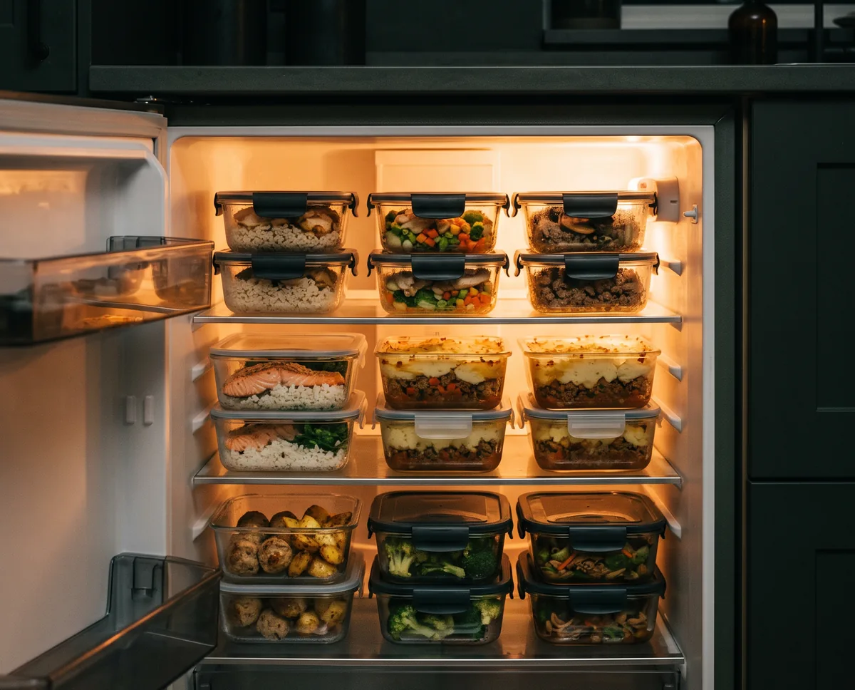 A fridge stacked with prepped lunches and dinners