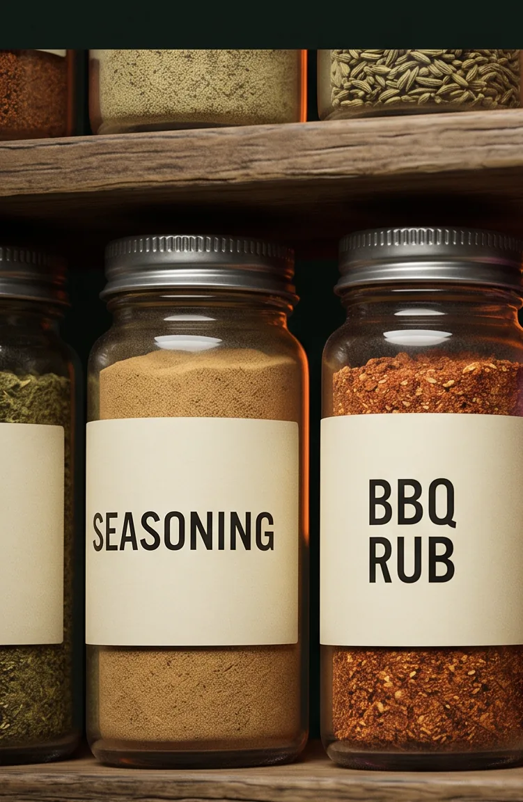 Jars of seasoning and BBQ rub on a shelf
