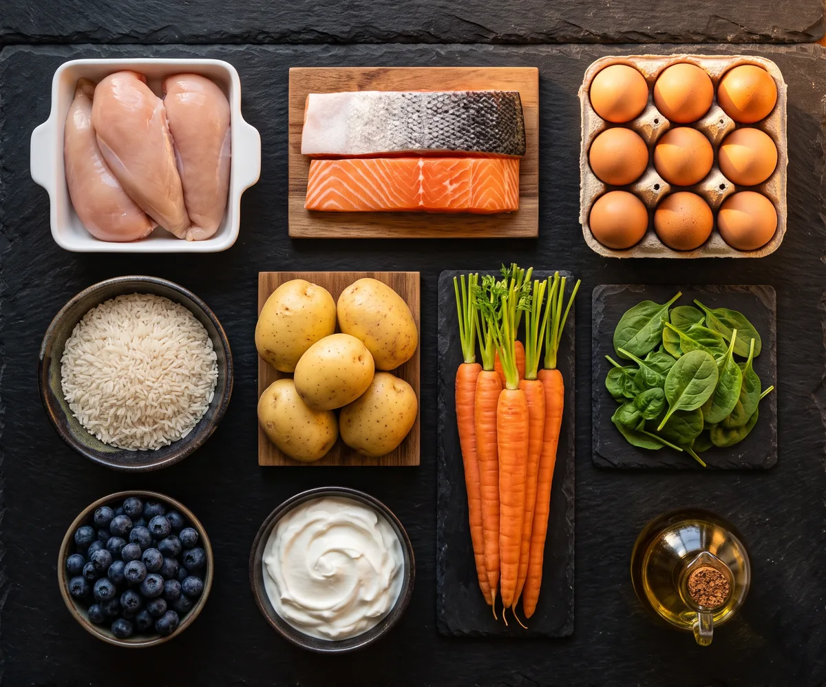 Plain chicken, salmon, eggs, rice, potatoes, carrots and spinach