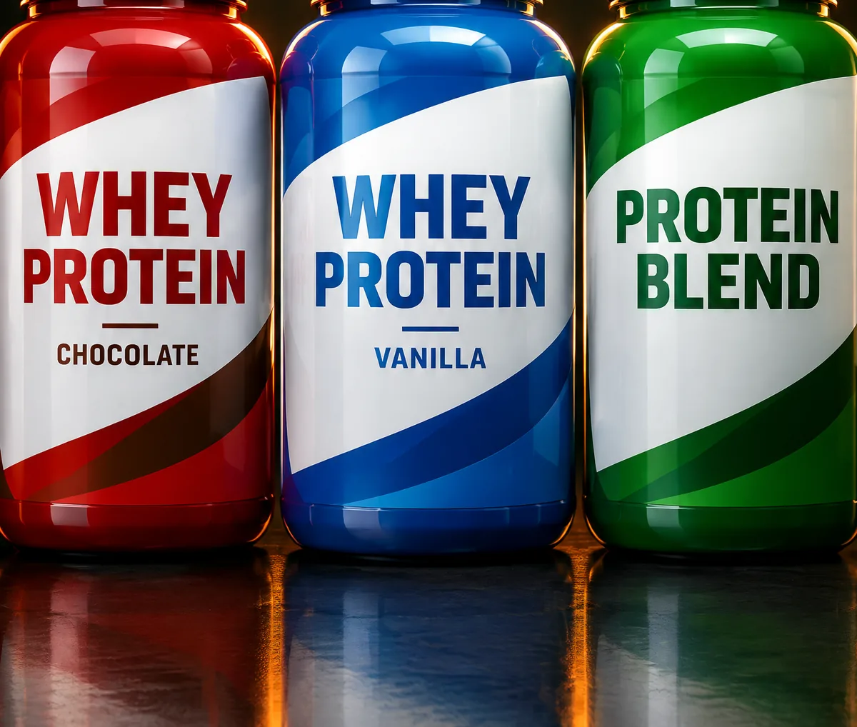 Three protein tubs: two whey and one protein blend