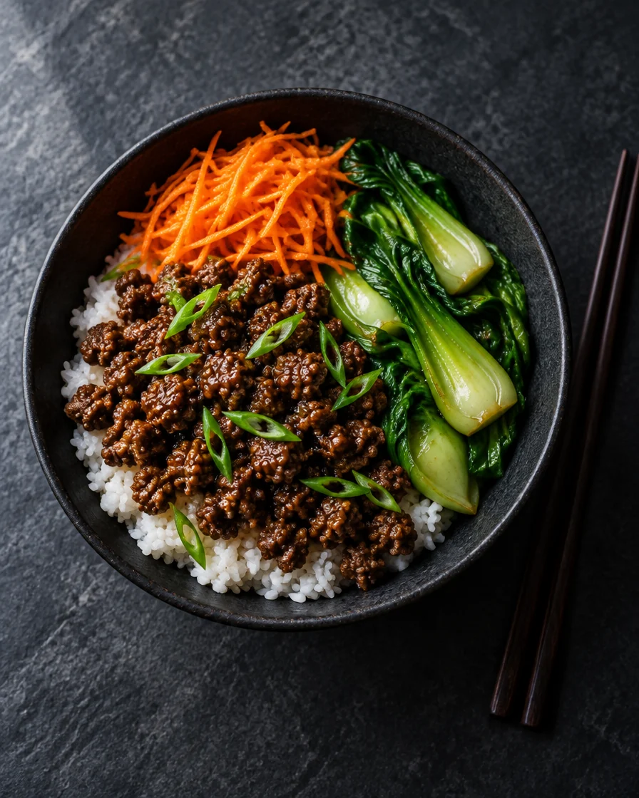 A ginger tamari beef rice bowl with grated carrot, bok choy and scallions